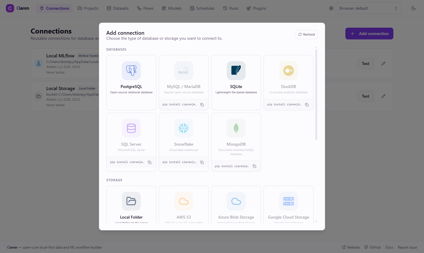 Add-connection dialog — plugin-contributed connectors appear in their own "From plugins" section with a Plugin badge