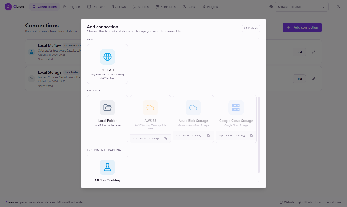 Add connection dialog — grid of database and storage providers: PostgreSQL, MySQL/MariaDB, SQLite, DuckDB, SQL Server, Snowflake, MongoDB, Local Folder, AWS S3, Azure Blob Storage, Google Cloud Storage