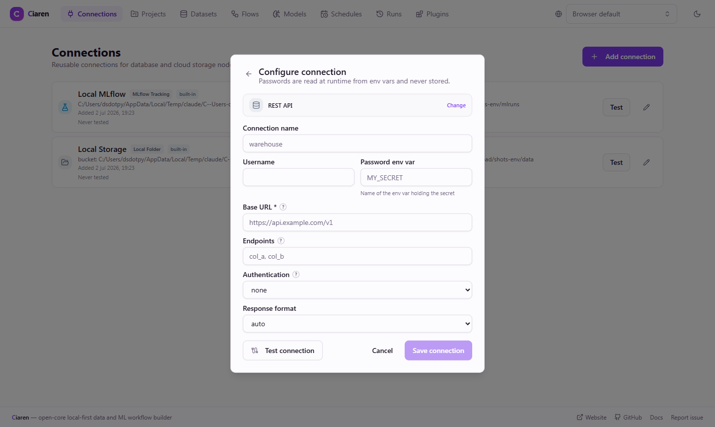 A plugin connector's connection form — standard auth fields plus fields rendered from the connector's config_schema