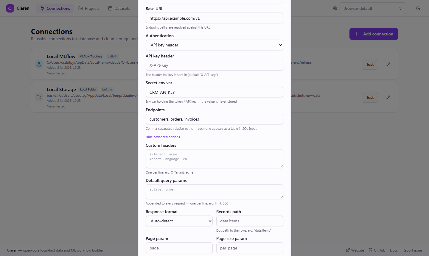 Configure connection form for the REST API connector — base URL, authentication method, secret env var, endpoints, and advanced options for headers, parsing, and pagination
