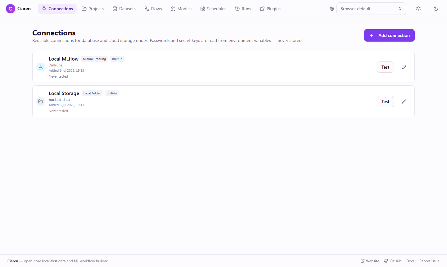 Connections page — list of saved database connections with test/edit actions