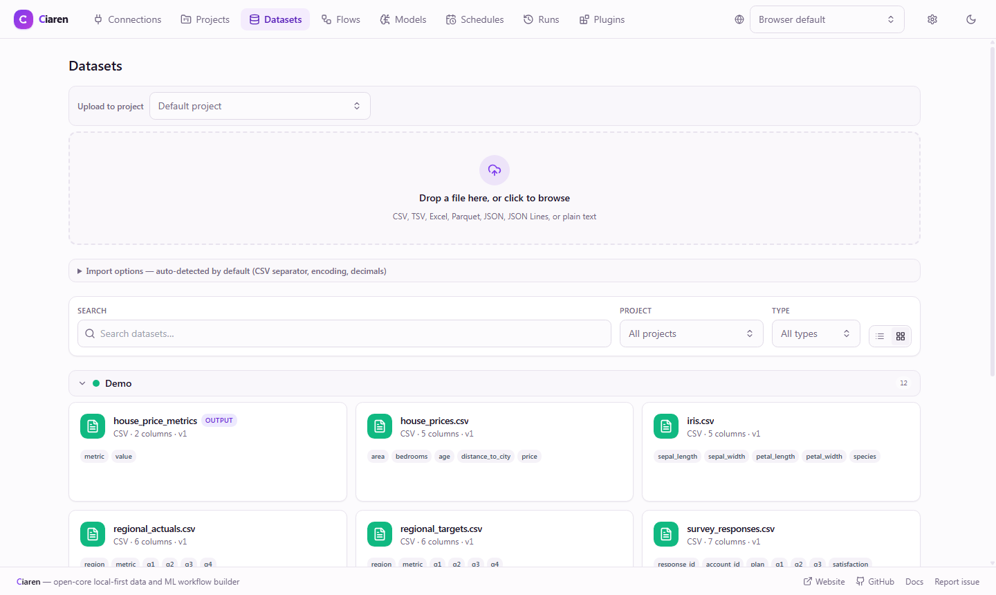 Datasets page — card grid showing uploaded CSV/Parquet files with column counts and version labels