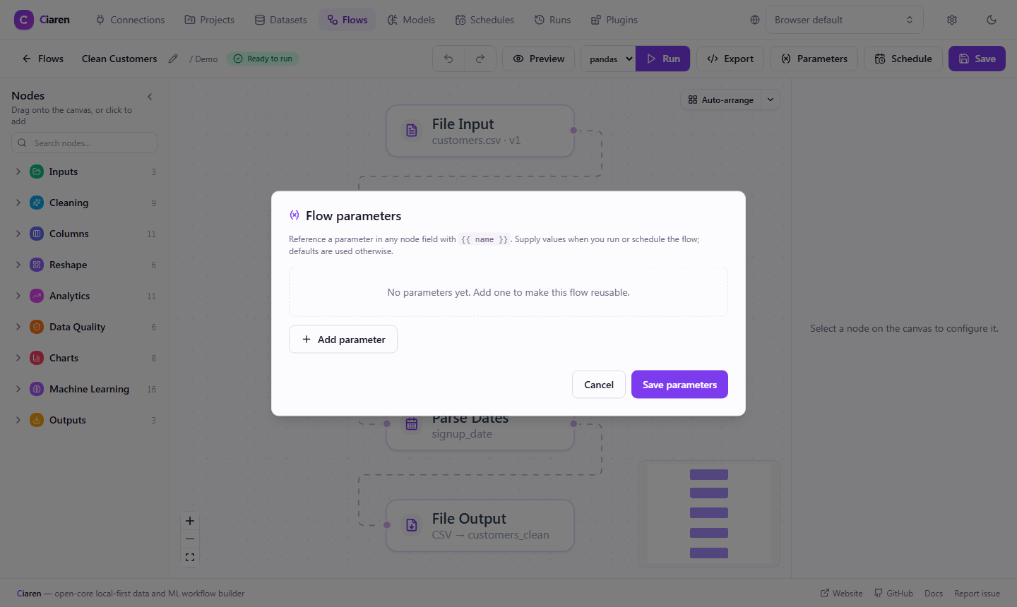 Flow parameters dialog — empty state with "Add parameter" button and the { name } syntax hint