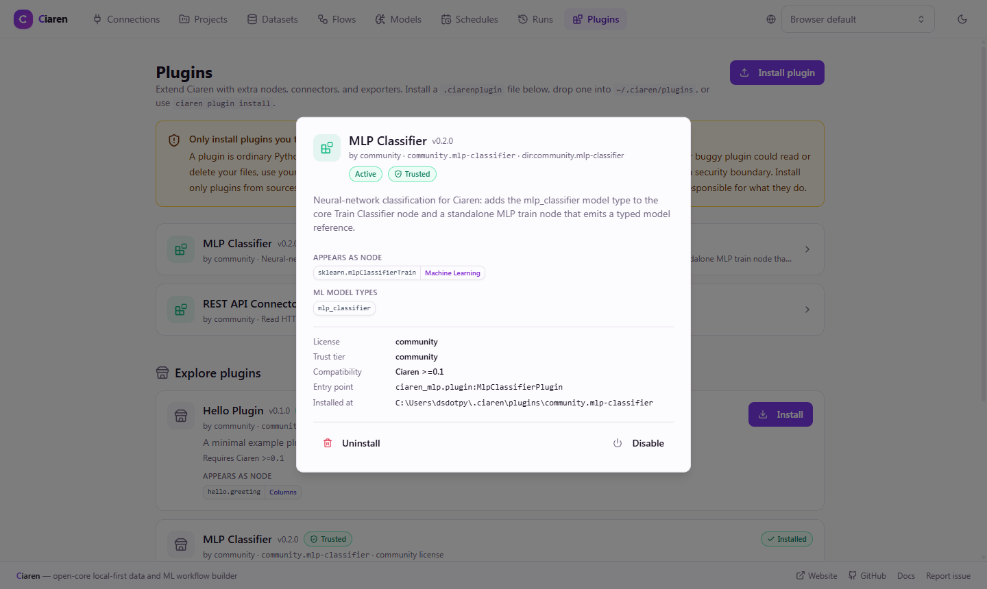 Plugin details — the MLP Classifier plugin's contributed node and ML model type, license, trust tier, compatibility, and install location