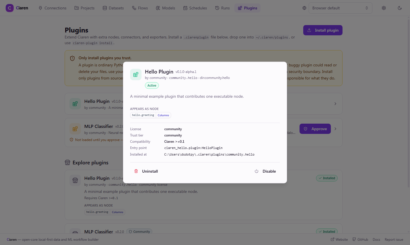 Plugin details — a pending plugin with the approval warning, its contributed node, manifest metadata, and the Approve action
