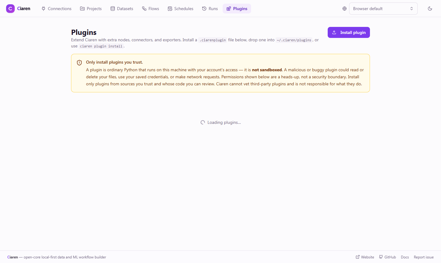 Plugins page with the MLP Classifier example installed — Active status and Trusted signature badges