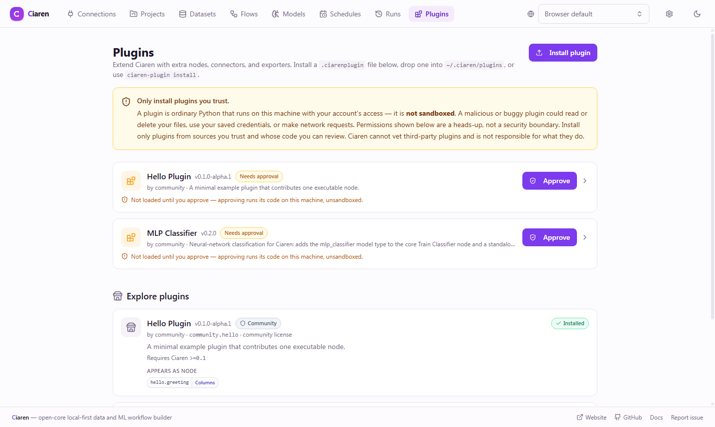 Plugins page — no plugins installed, permissions warning banner, and the Explore catalog showing installable example plugins with trust tier and license