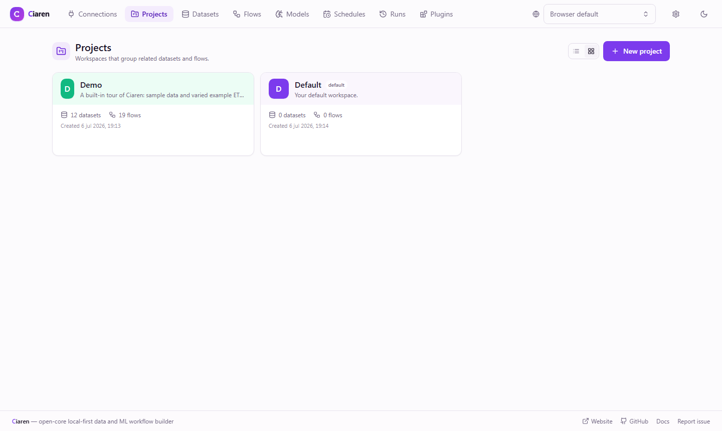 Projects page, with the Demo project ready to explore