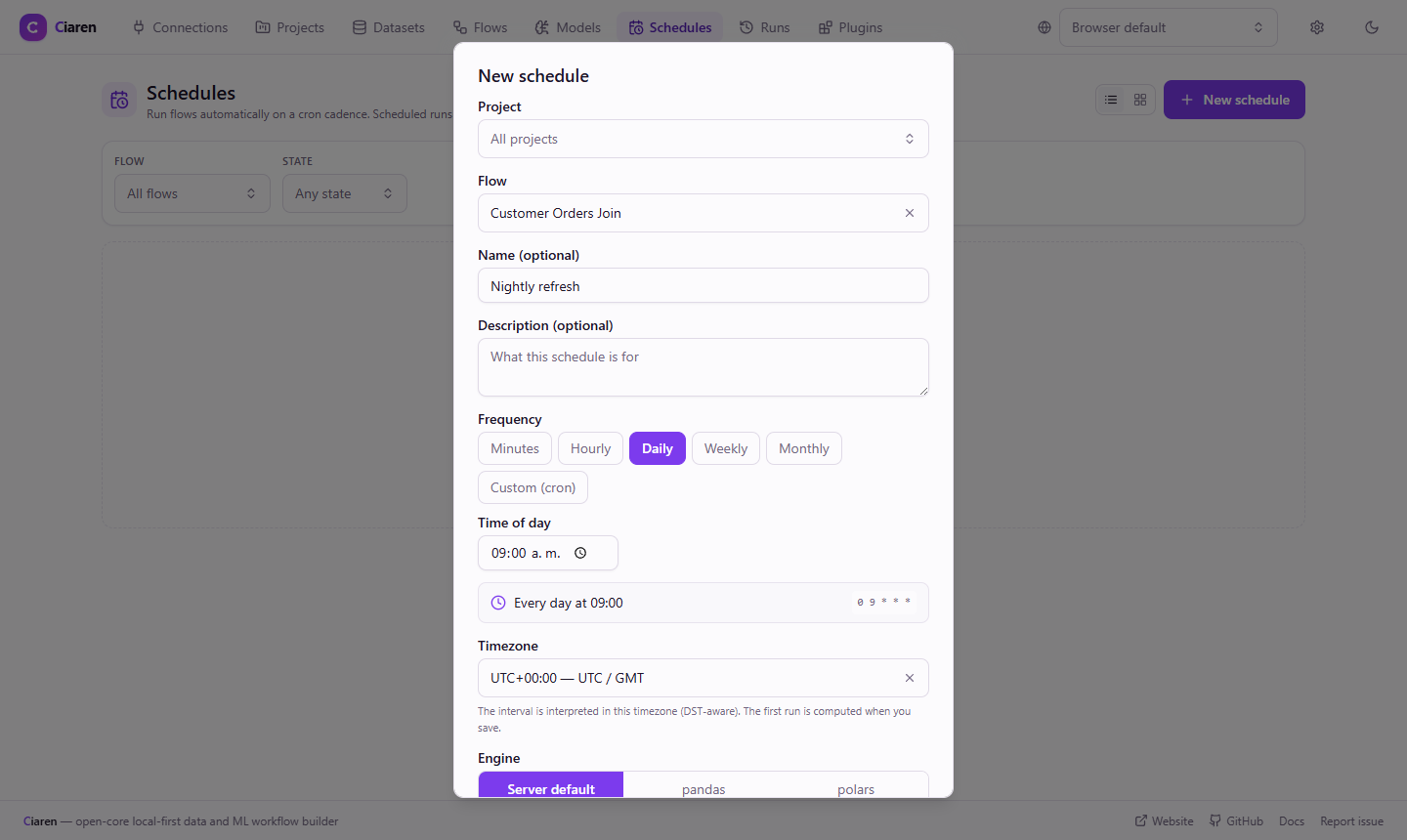 New schedule dialog — frequency picker (Minutes/Hourly/Daily/Weekly/Monthly/Custom cron), time of day, timezone, engine, and Enabled toggle